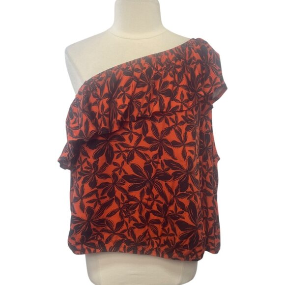 Ava & Viv Floral One Shoulder Top Womens 3X Orange Black New Ruffle - Picture 1 of 6